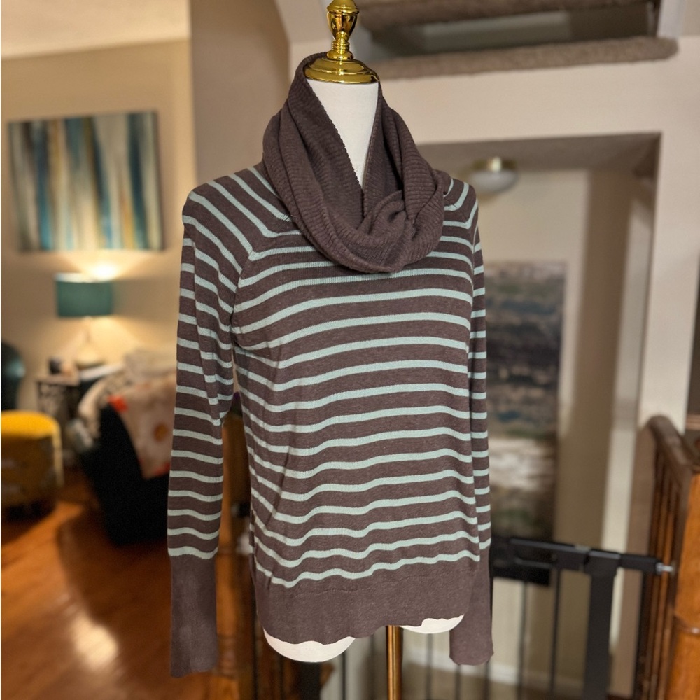 Anthropologie- Striped Brown and blue Women's scarf Sweater- M